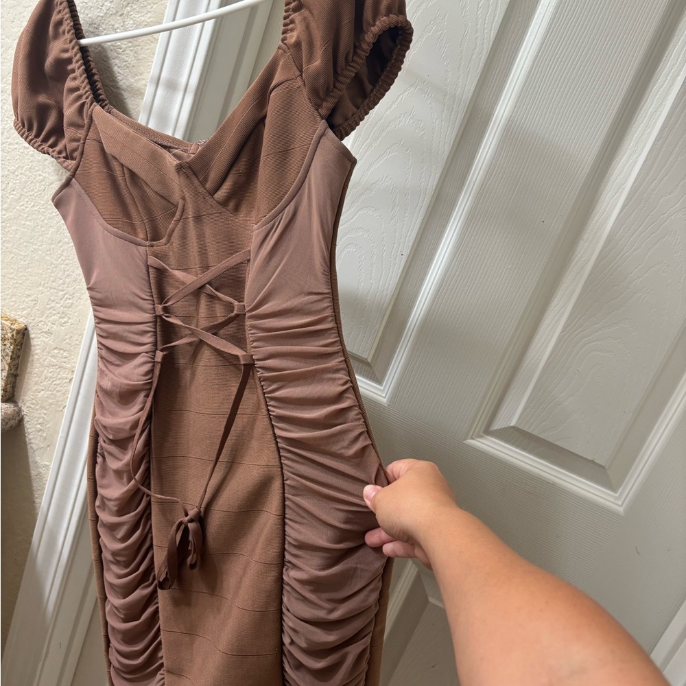 Haute Monde Brown Ruched Bodycon Mini Dress